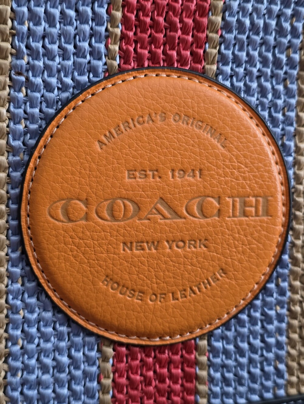 Coach CA291 Dempsey 22 Coach Patch Straw Navy Leather Crossbody Tote - Picture 5 of 16